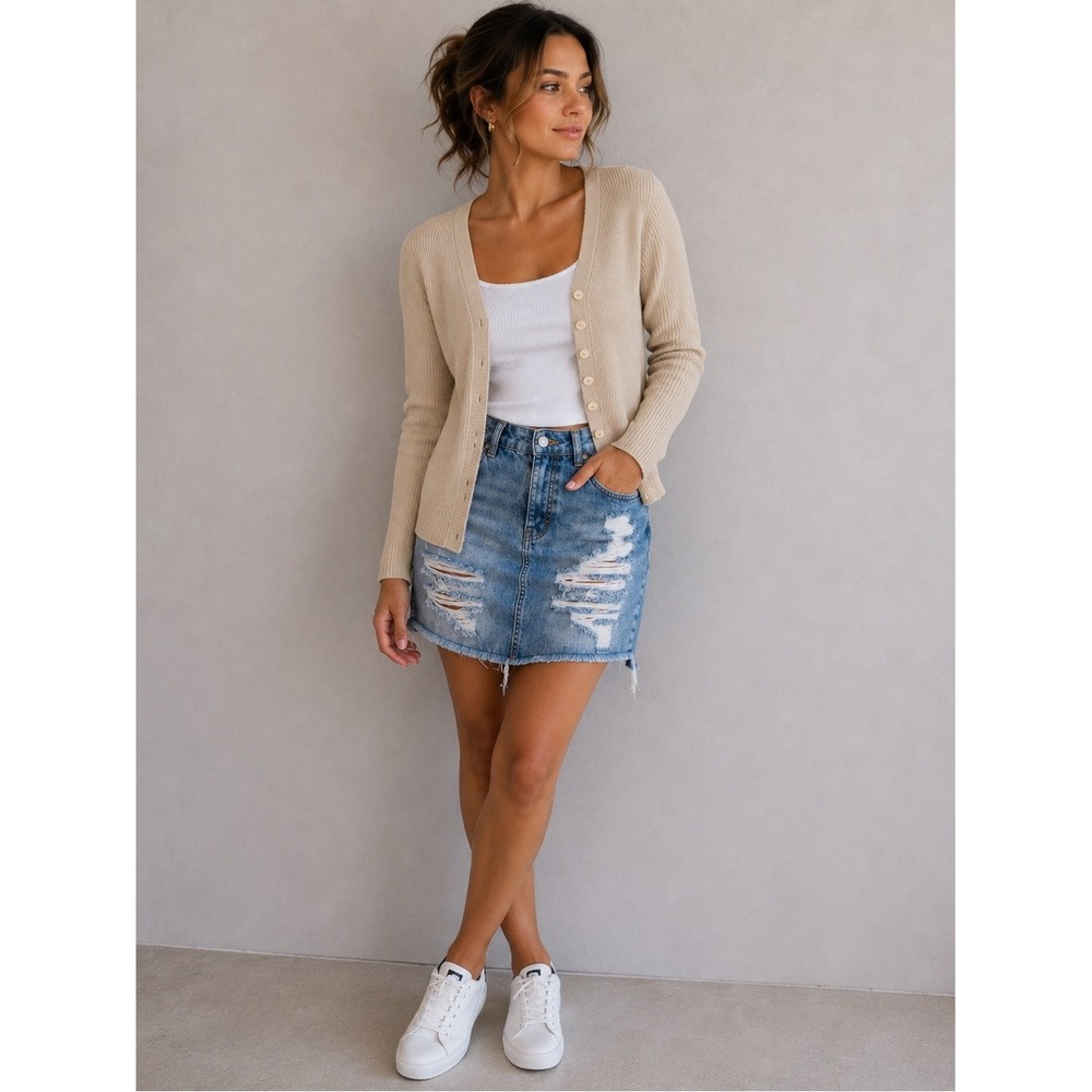 High‑Waist Distressed Denim Skirt – Raw Hem A‑Line Mini – Size 7